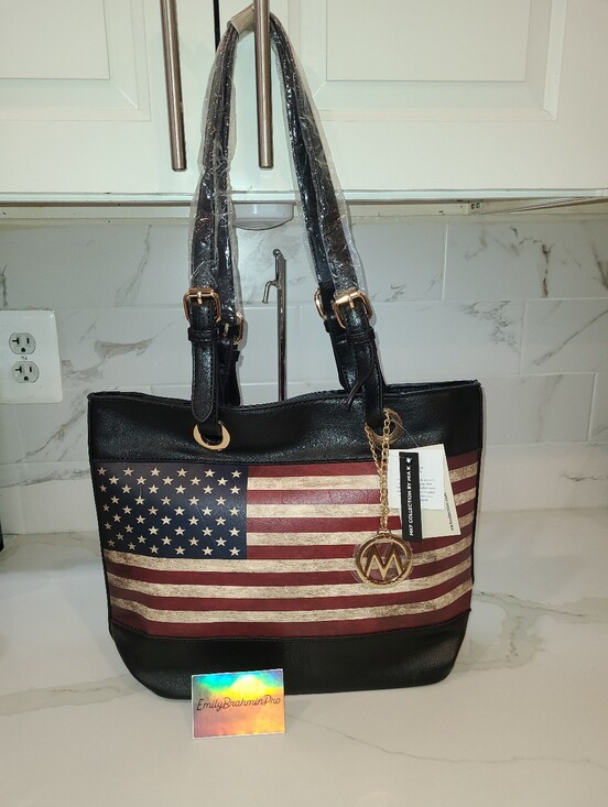 Handbags - American Flag Tote Bag with Gold Charm - Black / Red / Cream